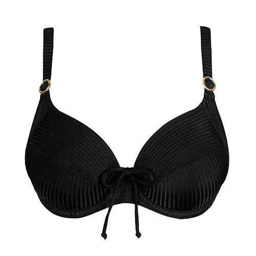 PrimaDonna Swim Delray Black-bh: ribbet, guldringe, sløjfe, justerbare stropper – stilfuldt og støttende badetøj.