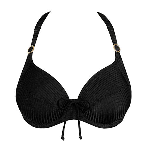 PrimaDonna Swim Delray Black Sort: Ribbet, støttende sort bikinitop med guldringe og en sløjfe foran.