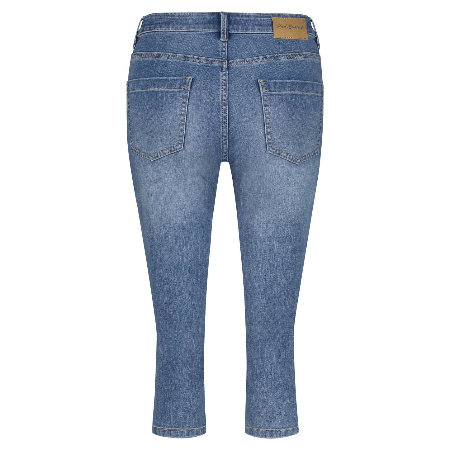 Bagfra set billede af Red Button Suze Denim-bukserne i blå, med to baglommer og et Red Button-mærke i taljen.