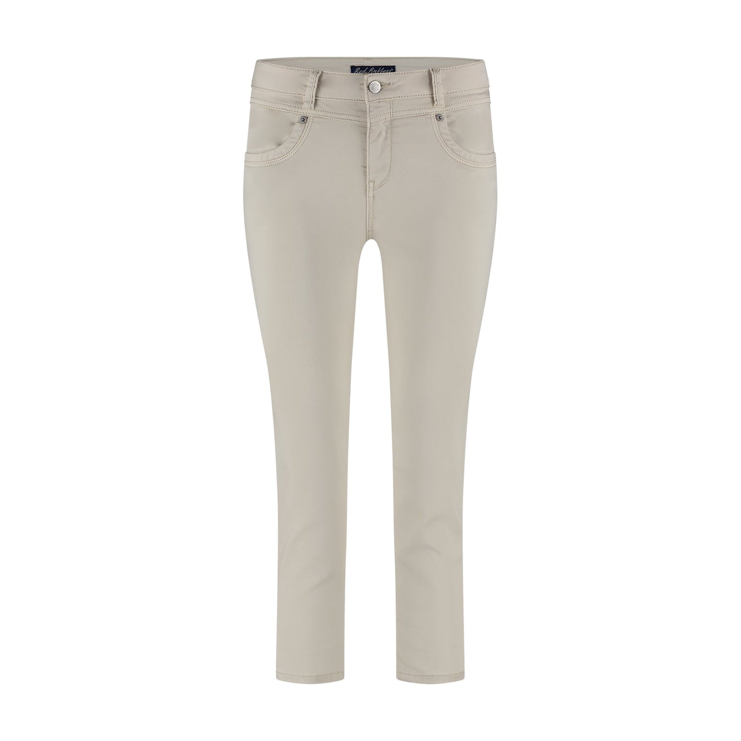 Røde Suze-skinnyjeans i beige med lommer, knaplukning og bæltestropper, vist på en hvid baggrund.