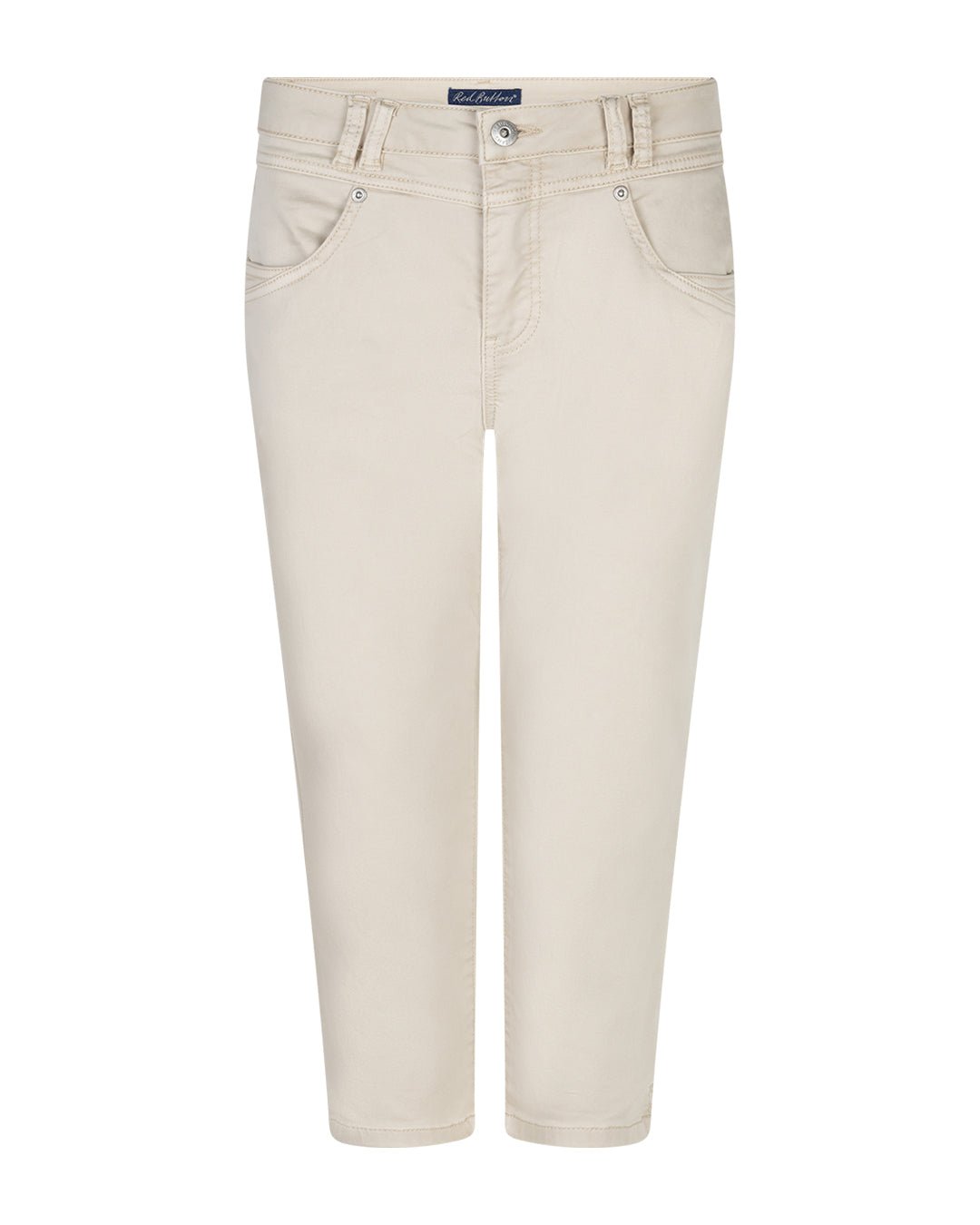 Red Button Suze beige cropped jeans med forlommer, bæltestropper og lynlås, vist fladt på hvid baggrund.