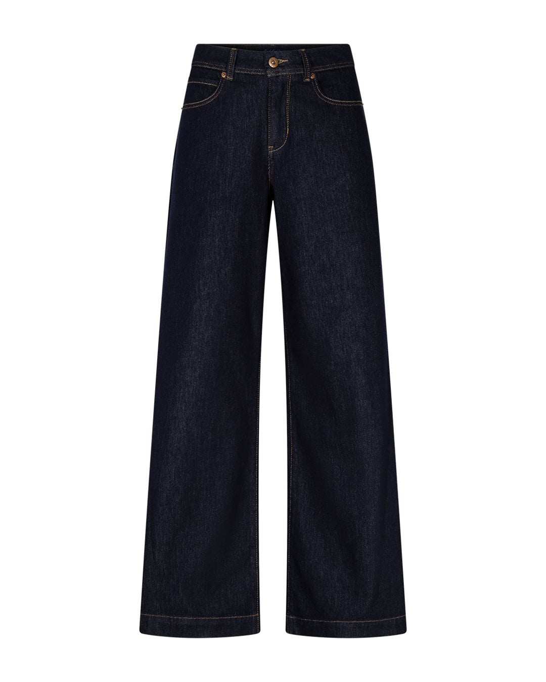 Red Button Claudine L33 mørke denimjeans med brede ben, høj talje, knapper foran og markante synlige sømme.