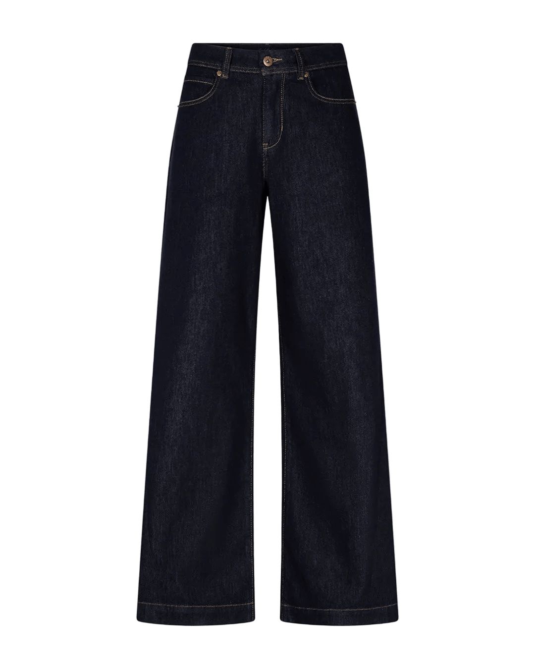 Red Button Claudine L 31 mørke denimjeans med forlommer, bæltestropper og kontrastsyninger på ensfarvet baggrund.