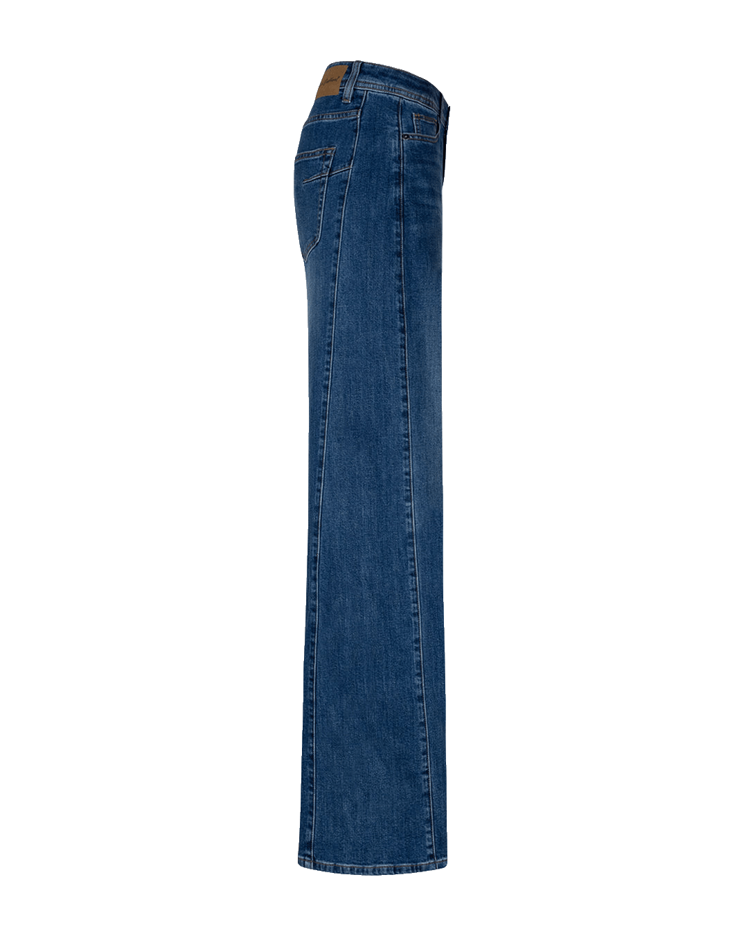 Set fra siden: Red Button Claudette L-31-jeans i mørk denim med lige ben og kontrastsyninger på hvid baggrund.