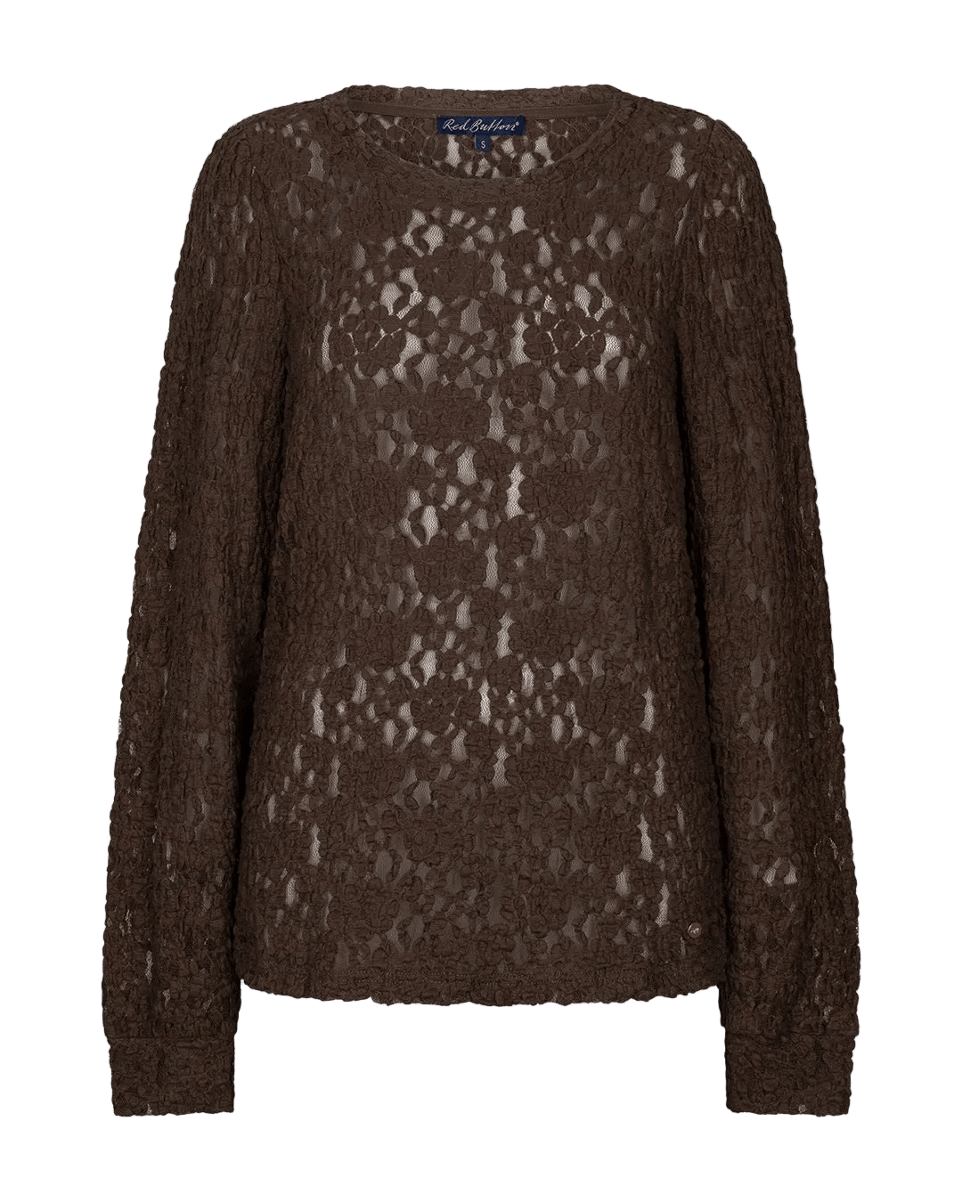 Red Button’s 155903 Lace Brun: brun bluse med lange ærmer, blomsterblonder, rund hals og let gennemsigtigt stof.