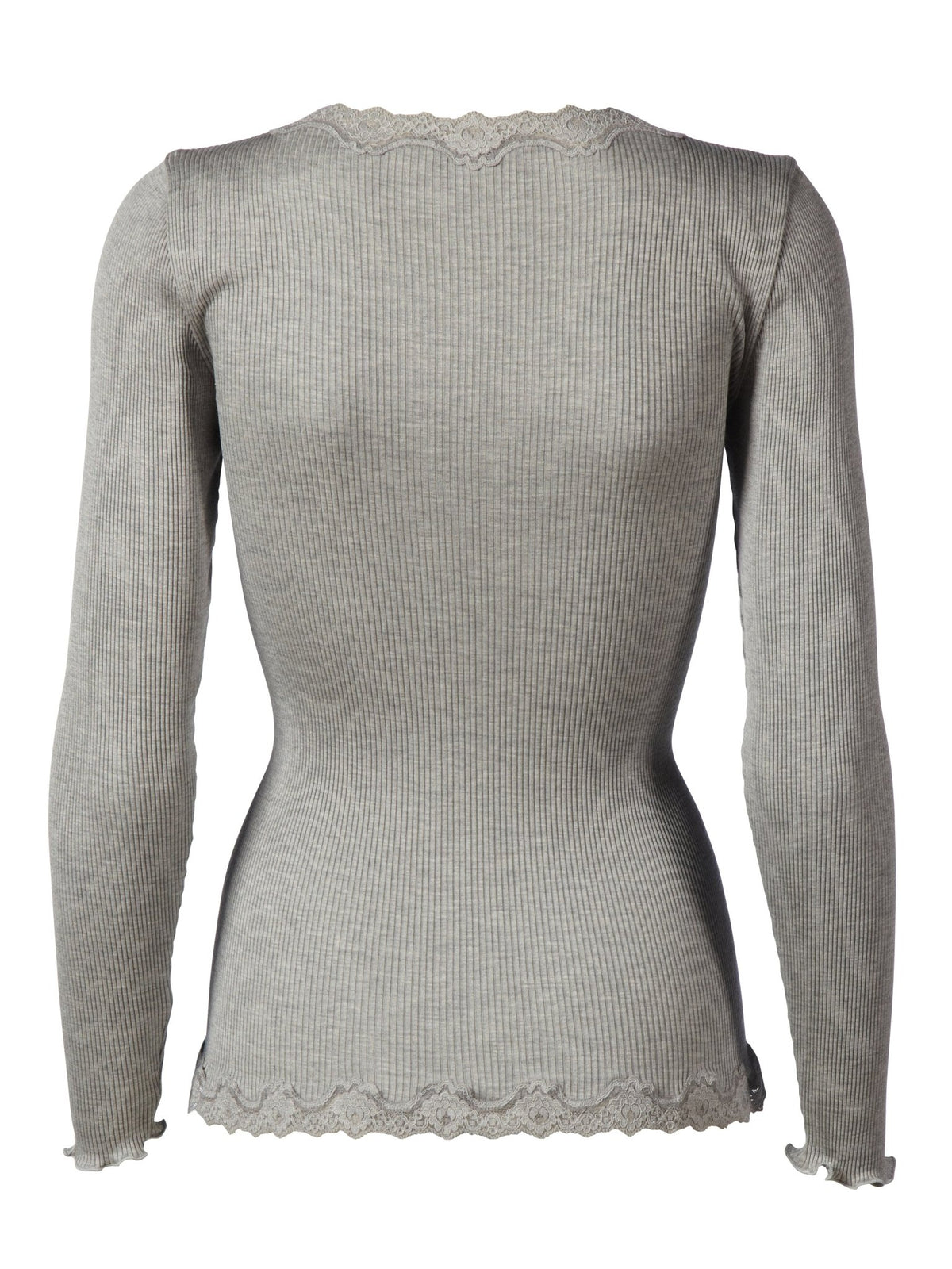 Rosemunde 149102 Lysegrå ribstrikket cardigan i silke med blonder ved halsudskæring, manchetter og nederkant, set bagfra.