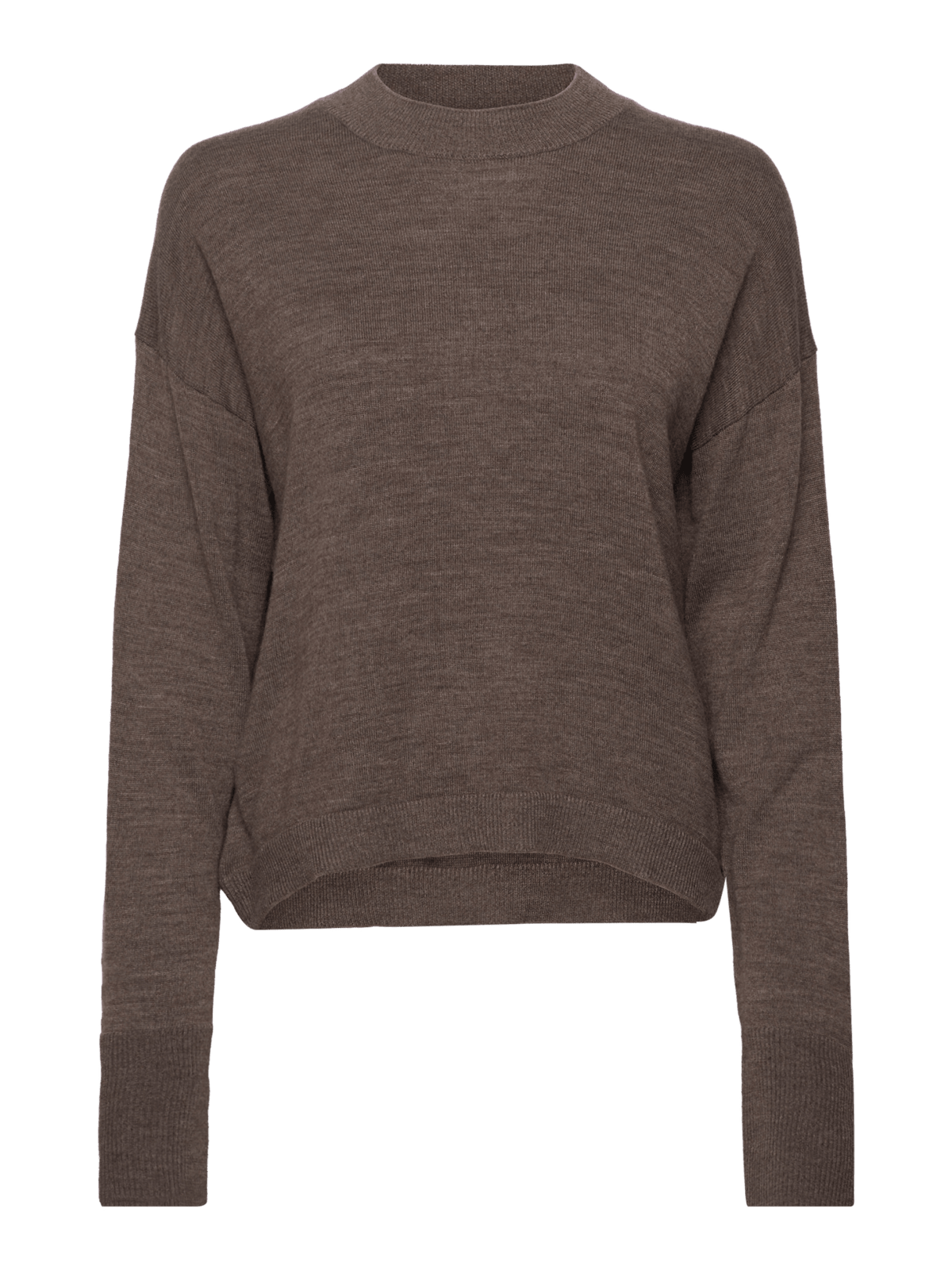Rosemunde 152512 Valencia Brun strikbluse i uld, farven Smoke Oak Melange, med ribkanter ved håndledene og rund halsudskæring.