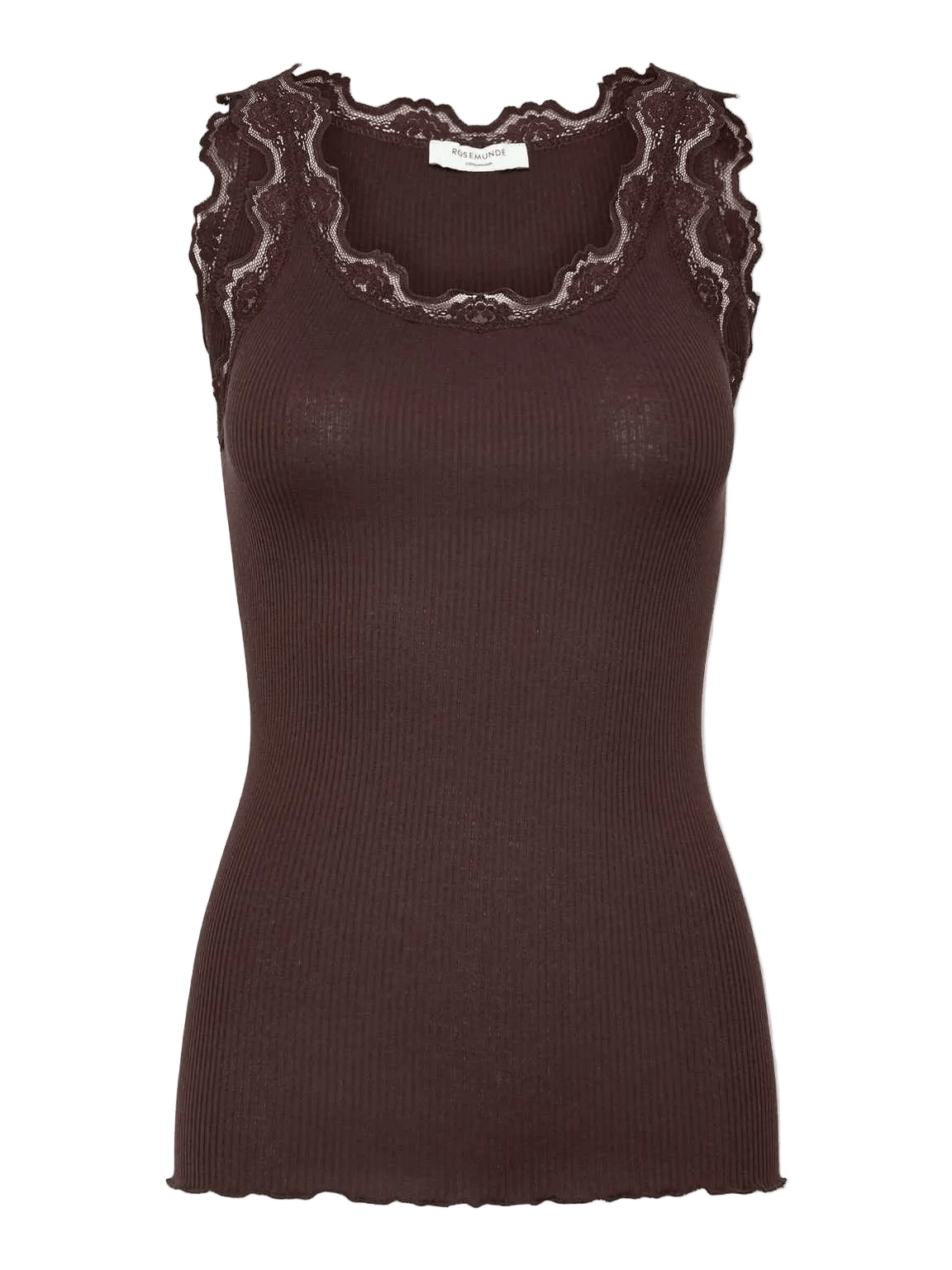 Rosemunde Silk-top, mørkebrun: Ærmeløs ribstrikket top med blonder ved halsudskæringen og ærmerne, vist på hvid baggrund.