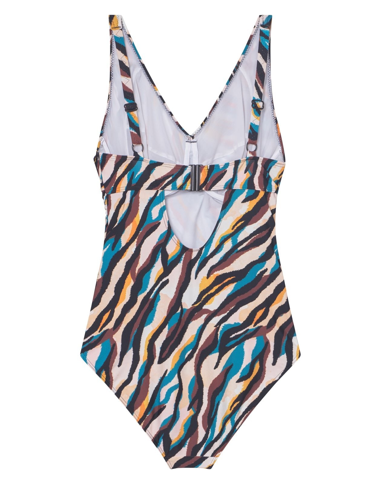 Saltabad Monterey Mønstret badedragt med zebraprint, lav benudskæring og en elegant nøglehulsudskæring.