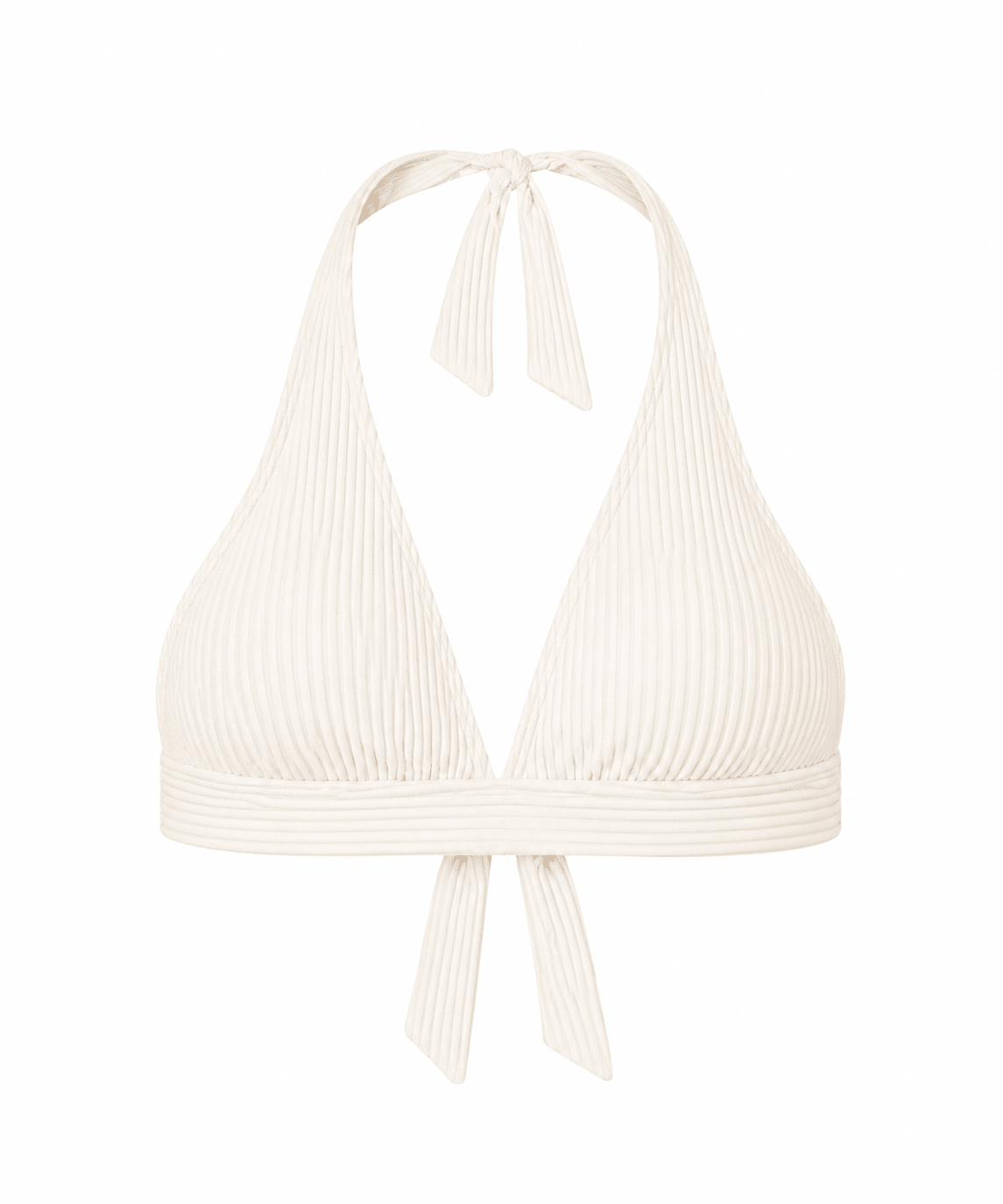 Saltabad – Cannes: Offwhite bikini-top med halterneck, ribdetaljer og båndlukninger – stilfuld på hvid baggrund.