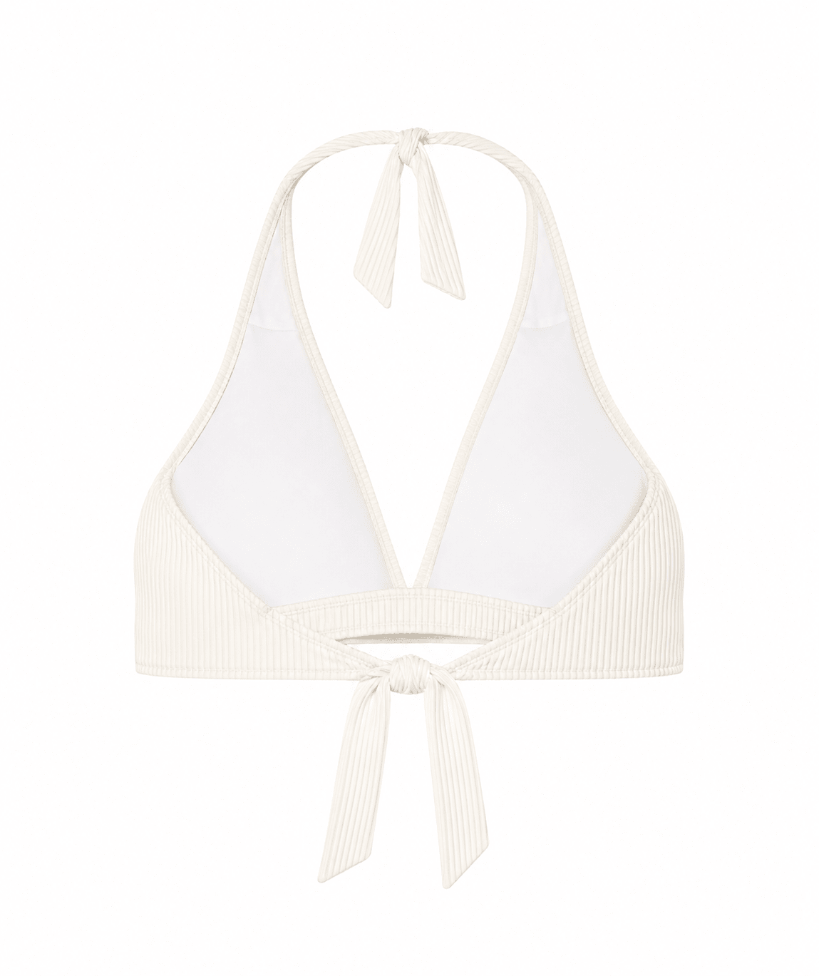 Saltabad Cannes Off White: Ribbet bikini-top med halterneck og bindebånd – elegant badetøj i hvidt.