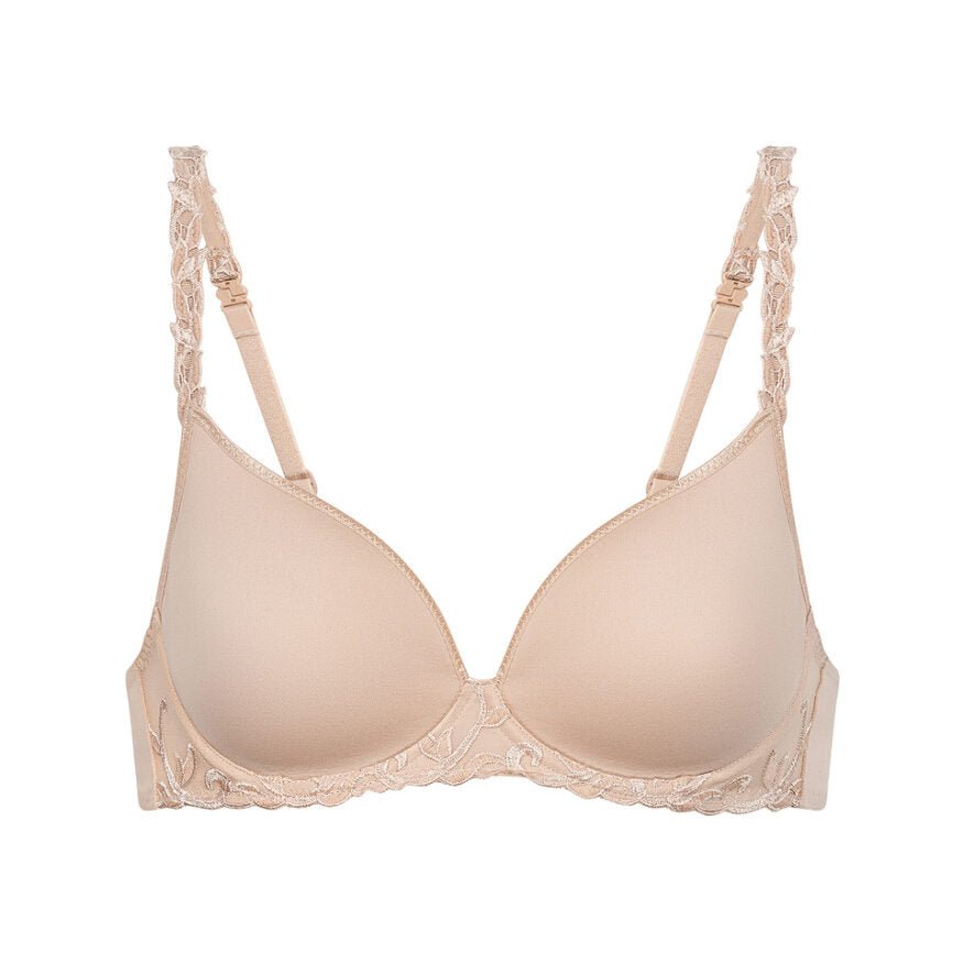 Simone Perele Andora 739 T-shirt-bh i sandfarve med blonder og bøjle, beige, på hvid baggrund.