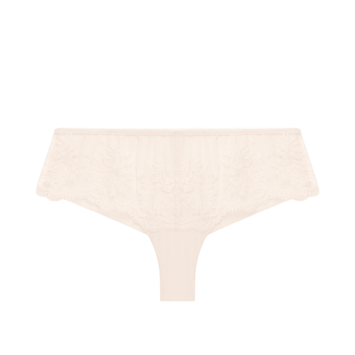 Simone Perele Intrigue-g-streng i farven »Sakura Pink Lys pudder« med blomsterbroderi, vist på hvid baggrund.