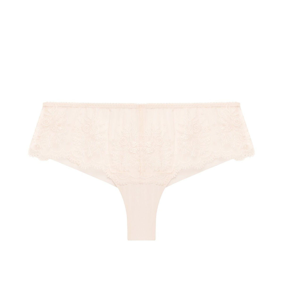Simone Perele Intrigue Sakura Pink g-streng med gennemsigtig blonder, vist fladt på hvid baggrund.