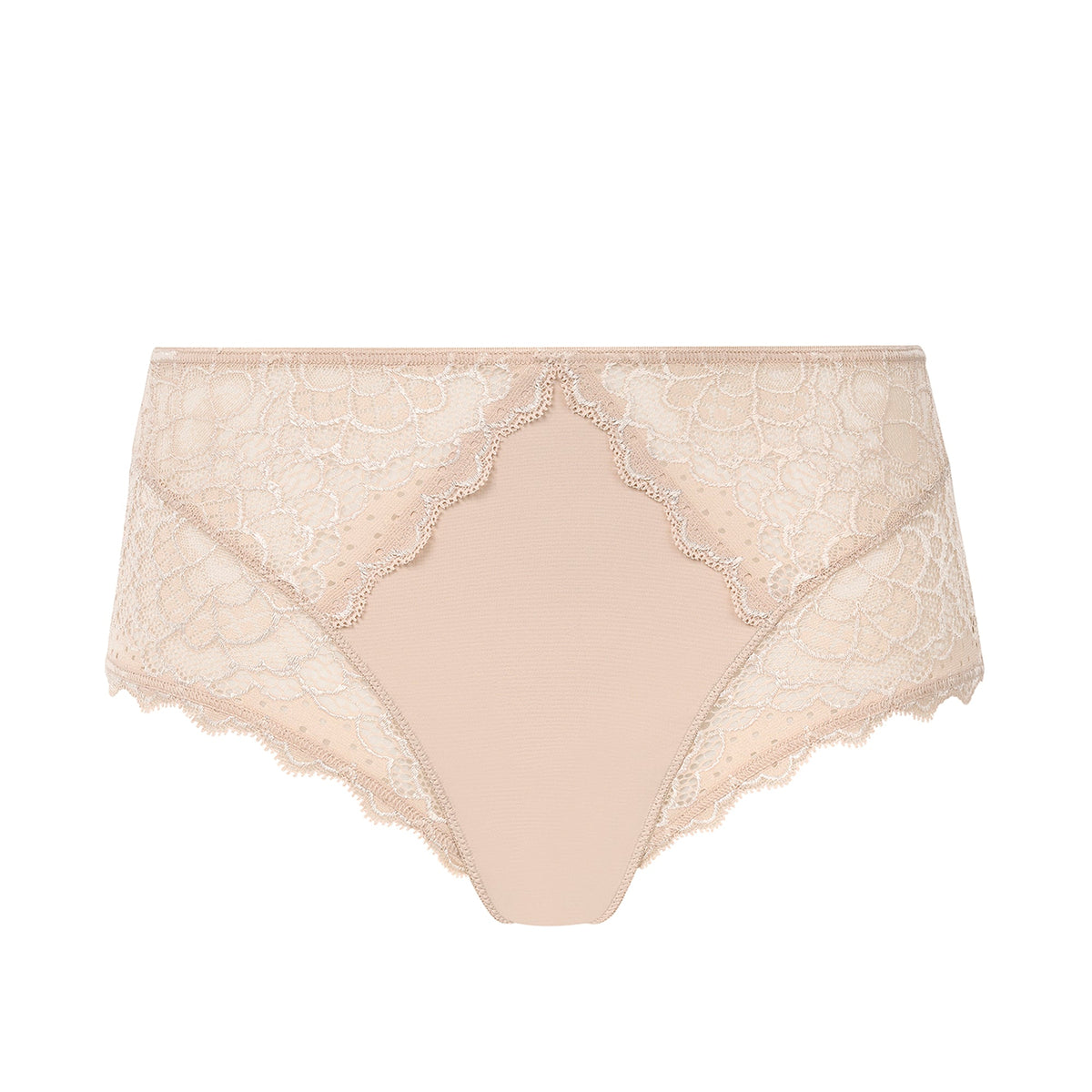 Simone Perele Caresse Peau Rosée Pudder: Beige trusser med høj talje, blonder foran og bølget kant, der giver et elegant look.