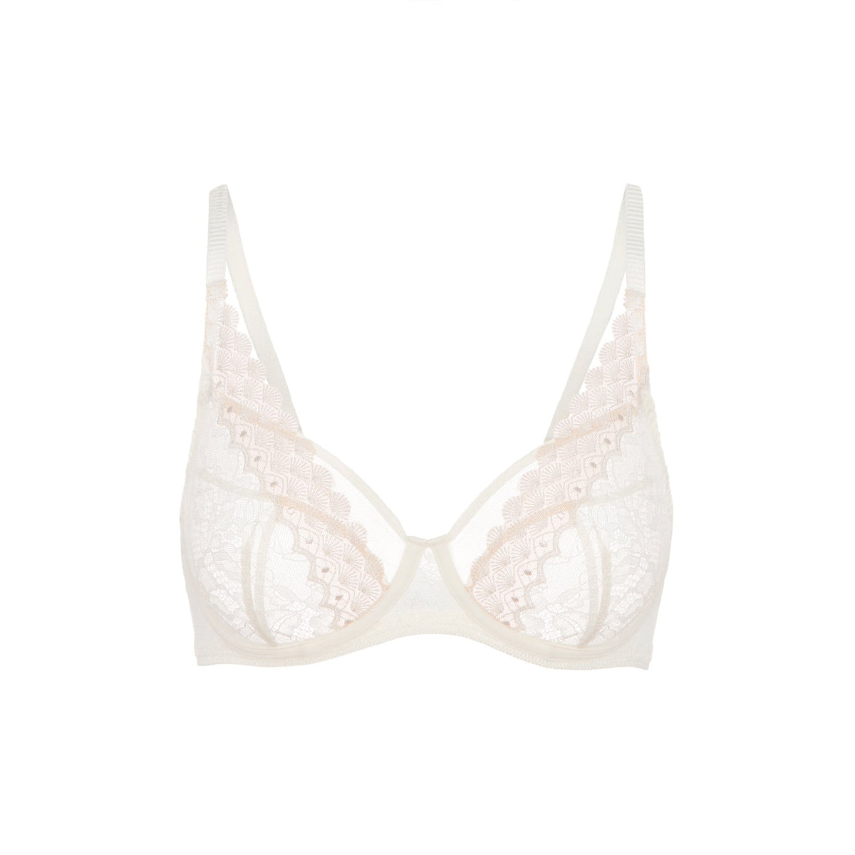 Simone Perele Radieuse 154252-bh i offwhite blonder med gennemsigtige skåle og justerbare stropper på hvid baggrund.