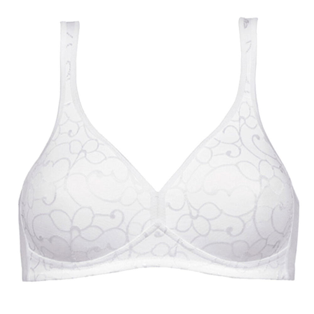 Triumph 109062 Elegant Cotton HVID: blomstermønster, fuld dækning og justerbare stropper på en ensfarvet baggrund.
