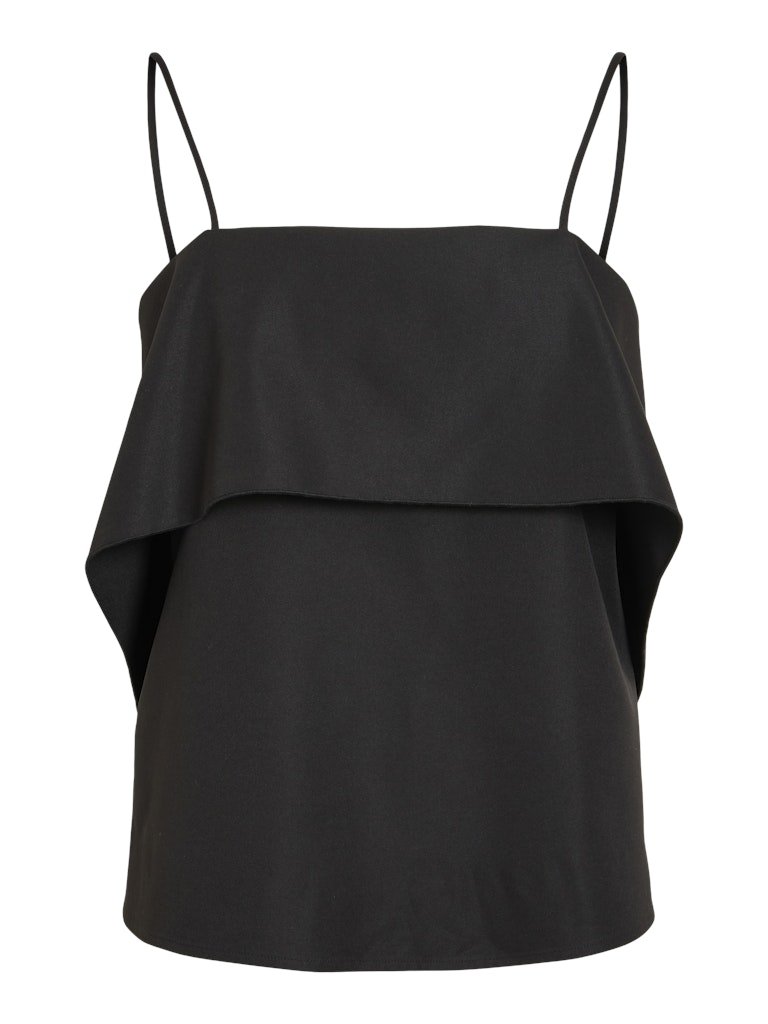 VILA Indira Sort top med spaghettistropper og lagdelte flæser, der giver et elegant lag-på-lag-look.