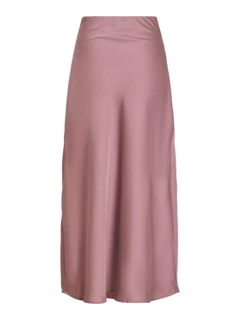 VILA Vieliette Rosa: Midi-nederdel i støvet rosa satin med høj talje og en elegant, flagrende silhuet.