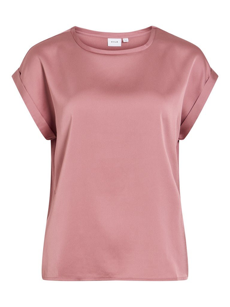 VILA Viellette Rosa – støvet lyserød kortærmet bluse med opsmøgede ærmer, vist på hvid baggrund. Produkt: 154916.