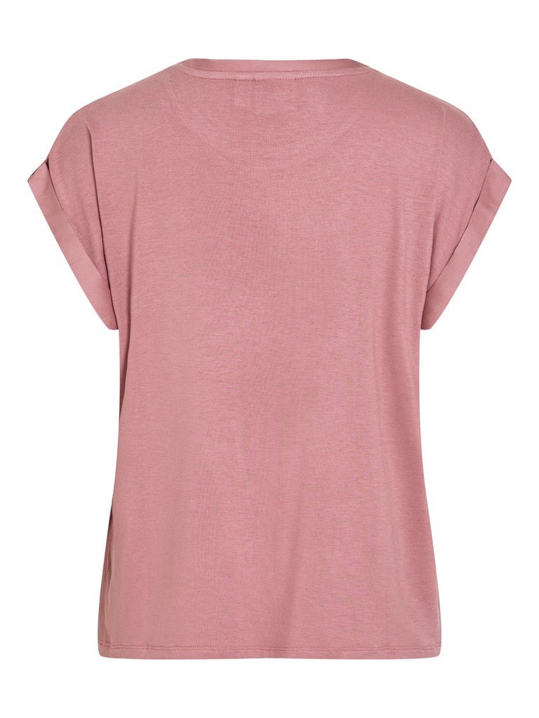 VILA Viellette Rosa lyserød kortærmet T-shirt, set bagfra, i afslappet stil på hvid baggrund.