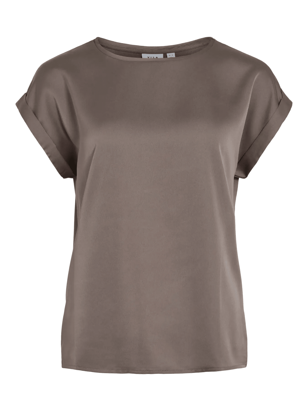 VILA Viellette Brun taupe T-shirt med rund hals og opsmøgede ærmer; inspireret af S/S-satin-stilen.