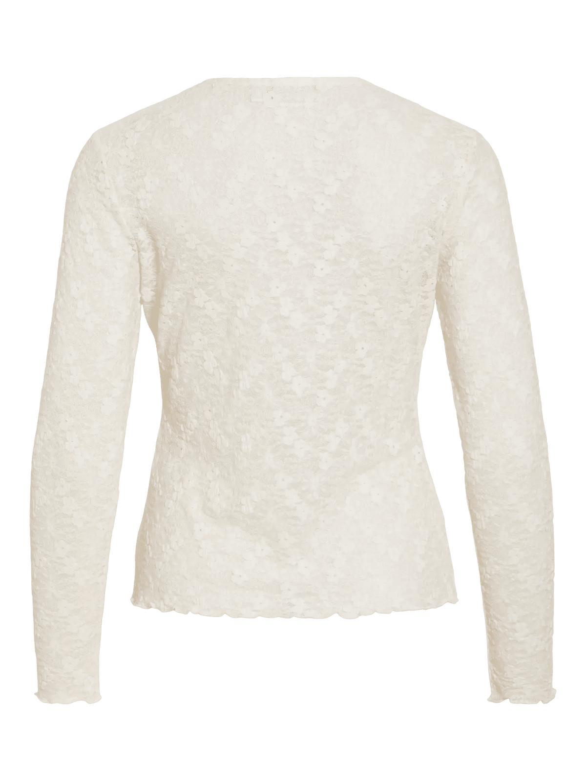 Bagfra-billede af VILA – Fay Off white 155162, tætsiddende bluse i blonder med blomstermønster, vist på en ensfarvet hvid baggrund.
