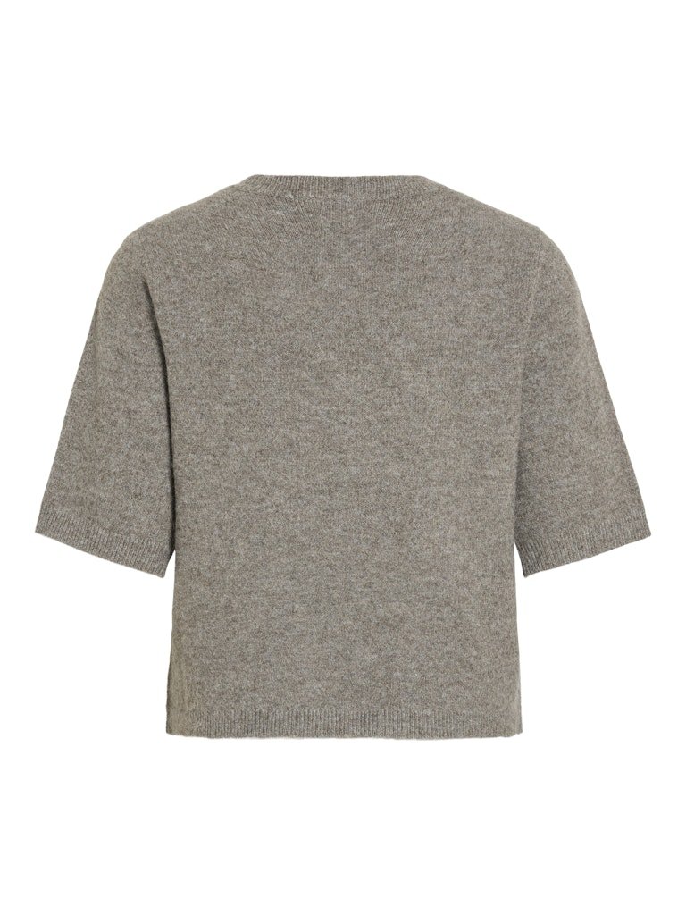 Bagfra set: VILA’s Viliga Gråmeleret – en kortærmet cardigan i lysebrun strik med lige forneden og et enkelt design.