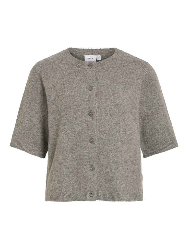 Kortærmet, gråmeleret cardigan fra VILA med rund hals og lige pasform – klassisk Viliga-stil.