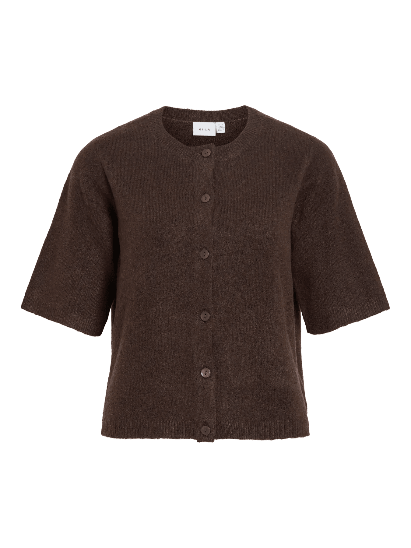 VILA Viliga Kaffe kortærmet cardigan med rund hals, knapper foran og mærke i kraven.