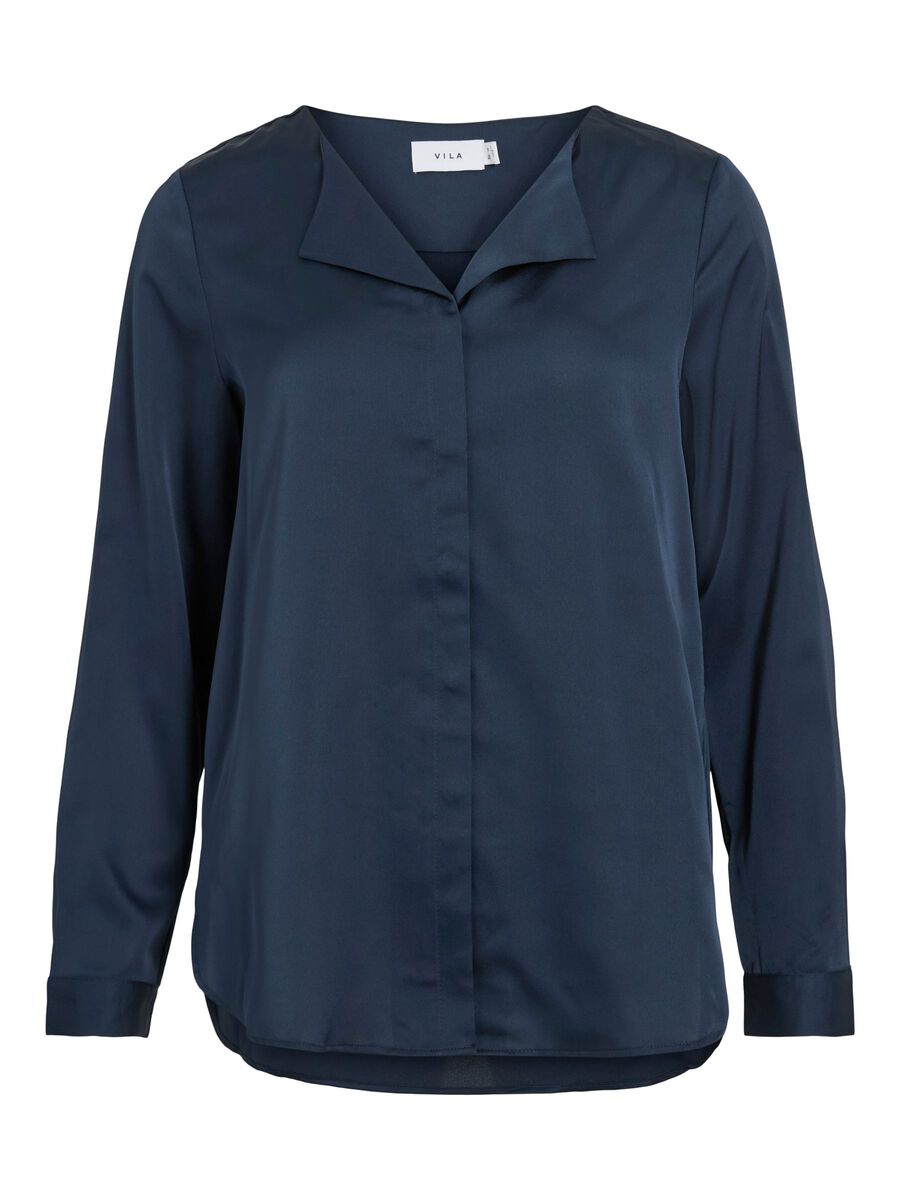 VILA Viellette Mørkeblå navybluse med lange ærmer, krave og skjulte knapper på hvid baggrund.