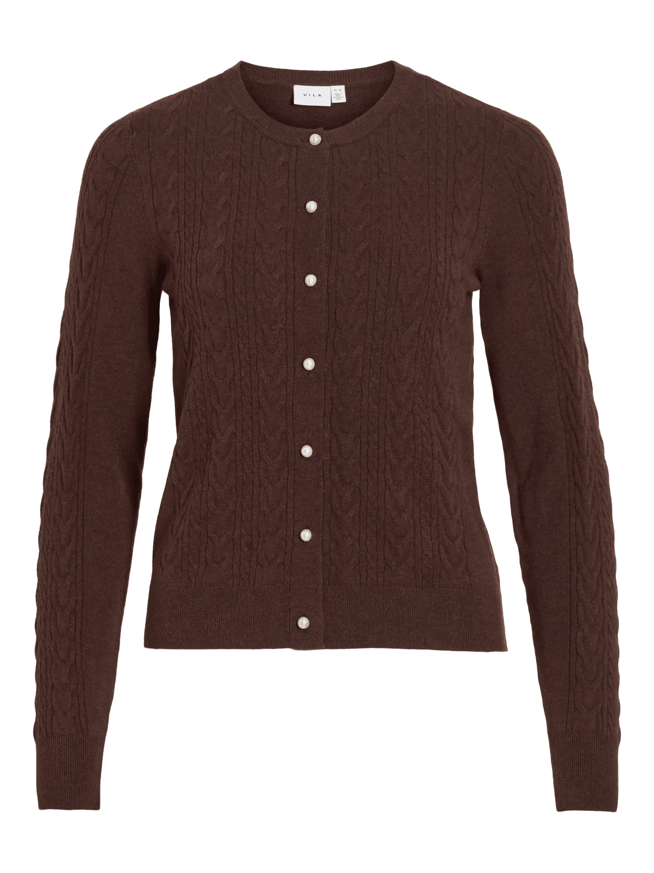 VILA Kerry mørkebrun cardigan med perleknapper og ribdetaljer – klassisk, enkel og ubesværet hyggelig.