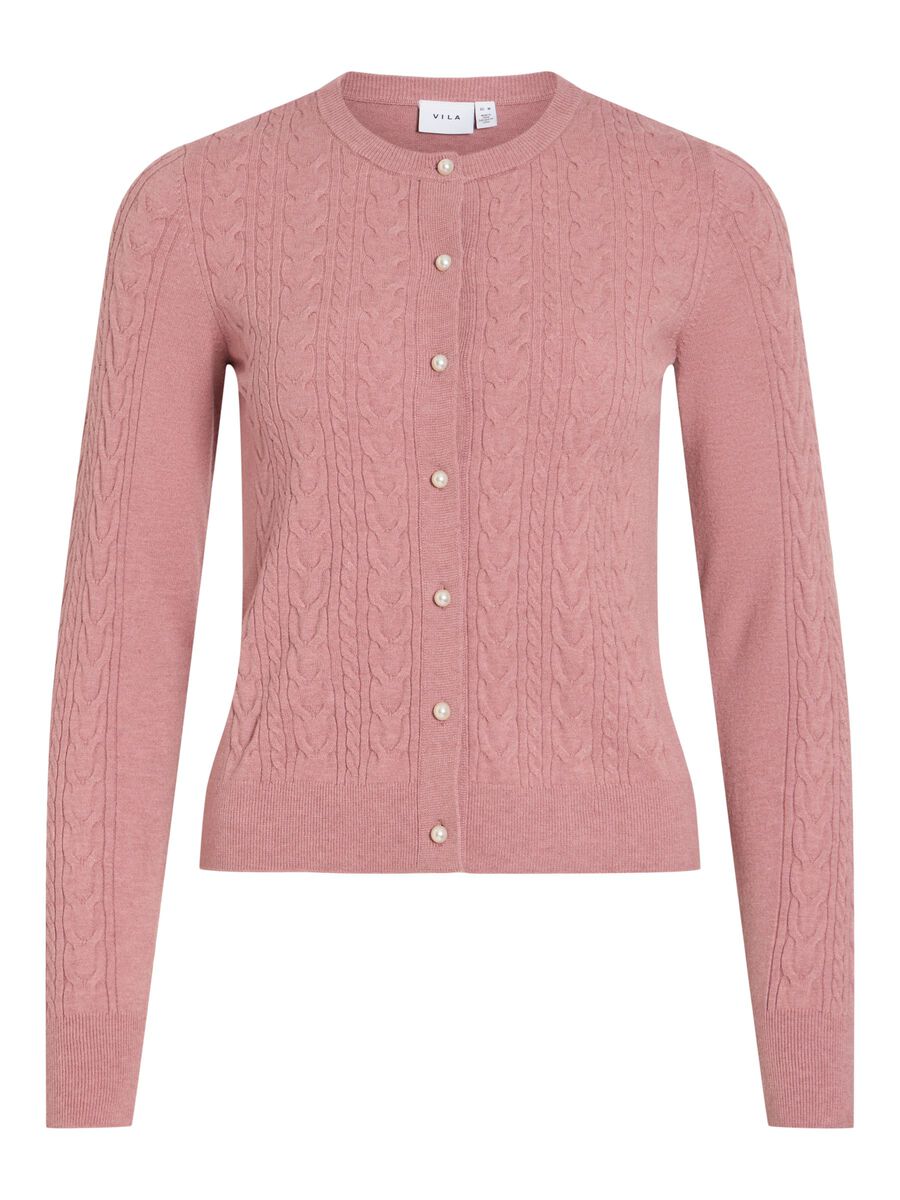 VILA Vikerry Gammelrosa cardigan med snoningsmønster, lange ærmer, rund halsudskæring og perleagtige knapper.