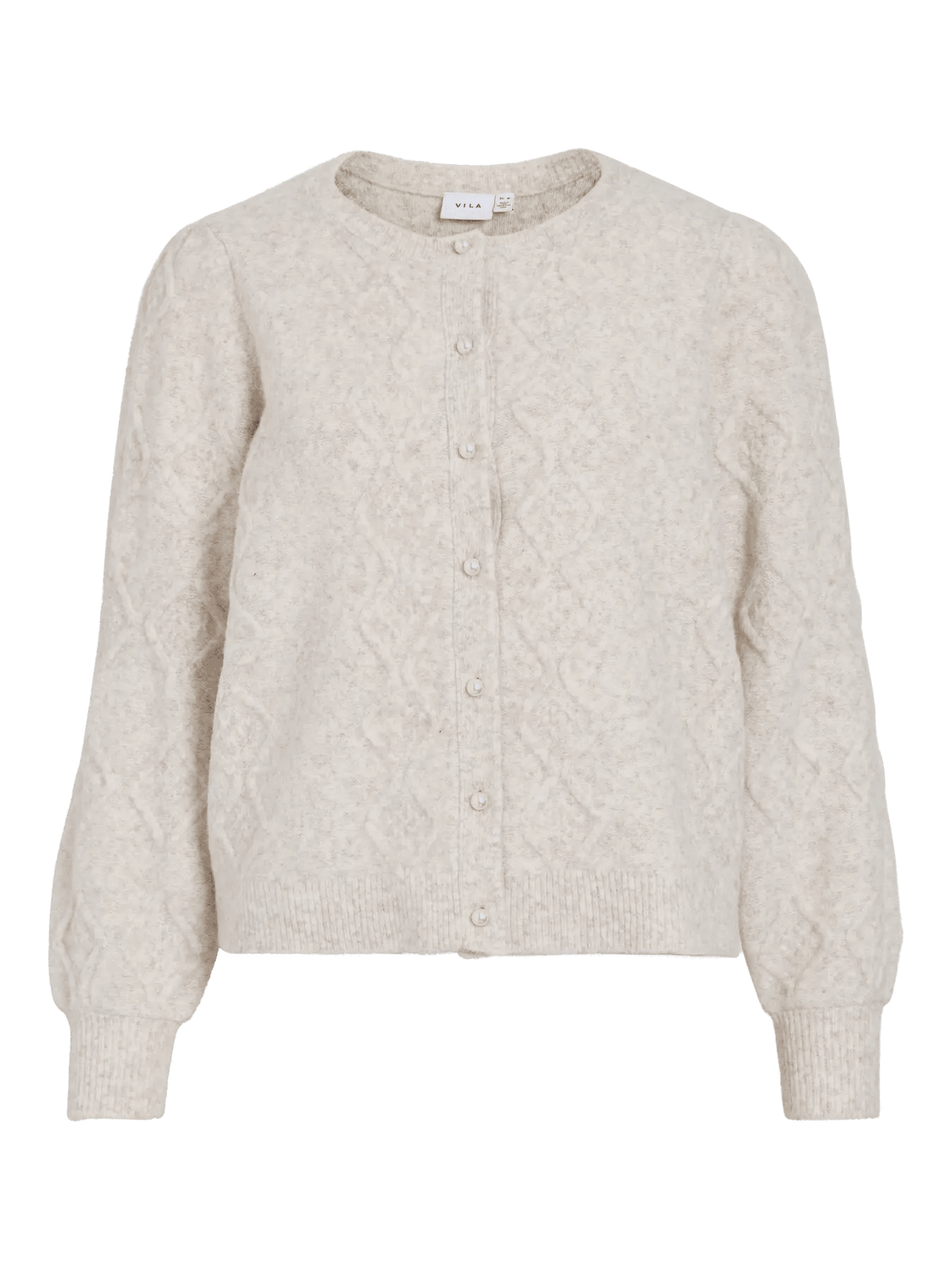 VILA Cleo Offwhite cardigan med lange ærmer, perleknapper, ribstrikkede manchetter og et diskret strukturmønster.