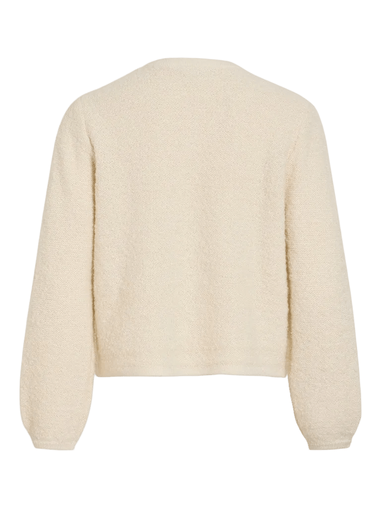 VILA – VIPigga: Offwhite, struktureret langærmet cardigan med ballonærmer, vist set bagfra på hvid baggrund.