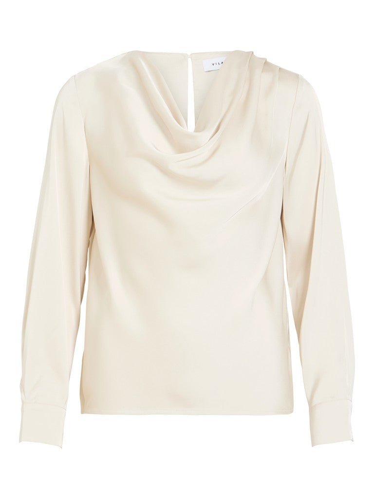 VILA VIFreja Offwhite bluse: lange ærmer, draperet halsudskæring, manchetter med knapper, nøglehulsudskæring bagpå.