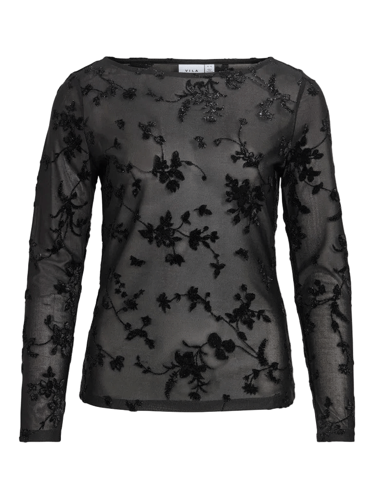 VILA - VIMiranda Sort: Gennemsigtig sort bluse i mesh med blomsterbroderi og rund halsudskæring på hvid baggrund.