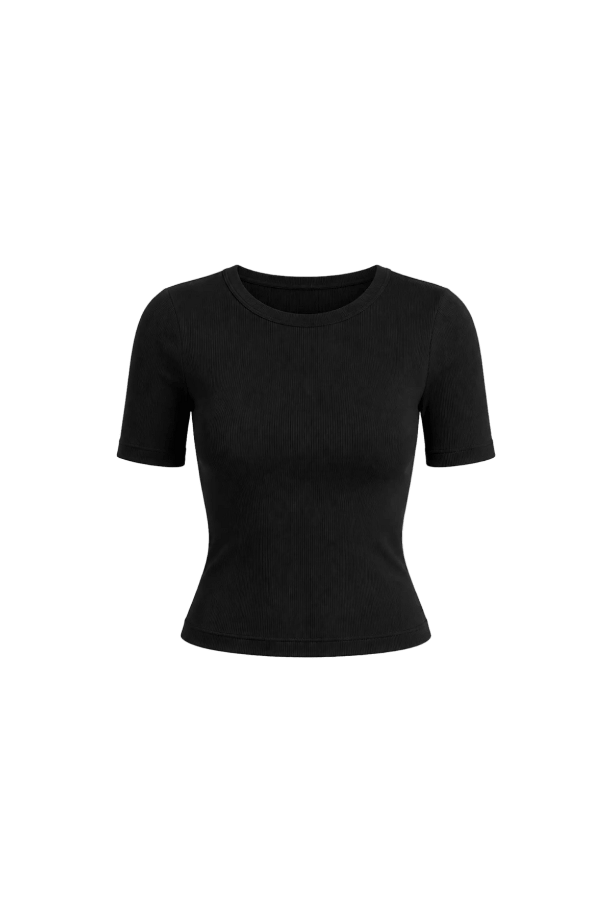 WithBlack Lullu Sort 155588: tætsiddende T-shirt med korte ærmer i ribstrik, vist på en ensfarvet hvid baggrund.