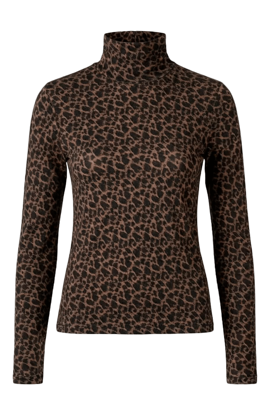 WithBlack – Wbllena-bluse i leopardmønster med lange ærmer og rullekrave vises på hvid baggrund.