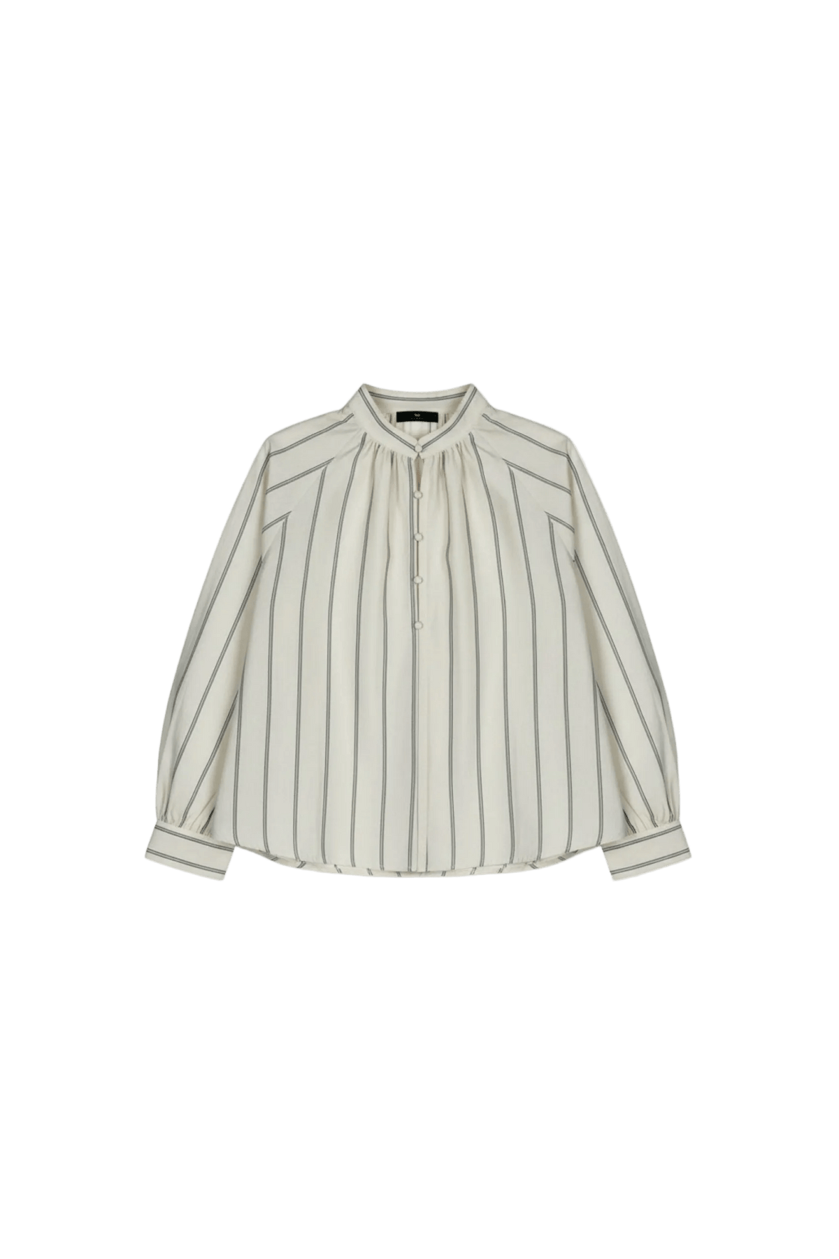 Off-white Elvira-bluse, langærmet, med tynde mørke lodrette striber, mandarinkrave med knapper foran 156396.