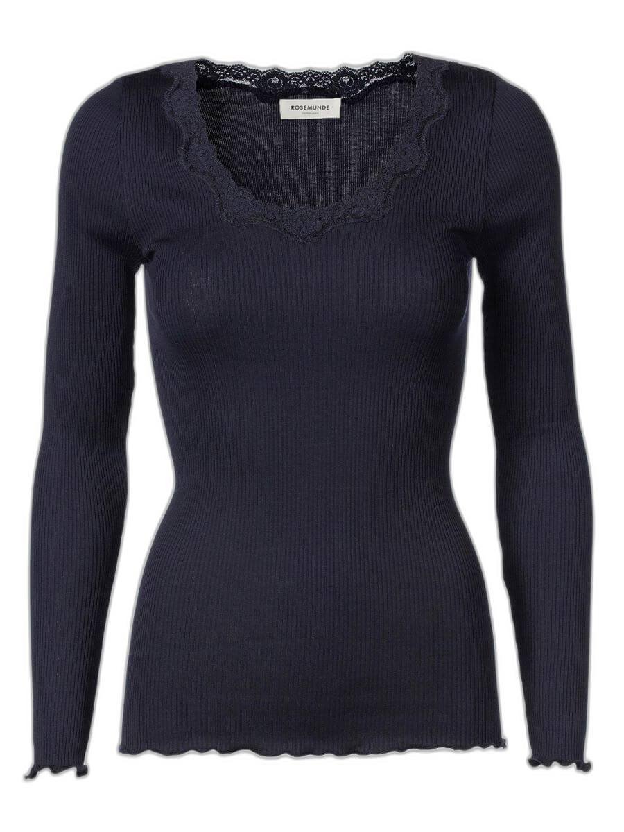 Rosemunde - Silk T-shirt w/ Lace Mørkeblå...