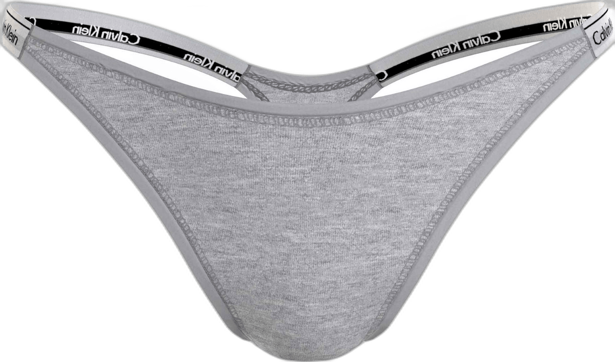 Calvin Klein 146912 grå G-streng med mærkelogo i linningen, afbildet fladt på en hvid baggrund.