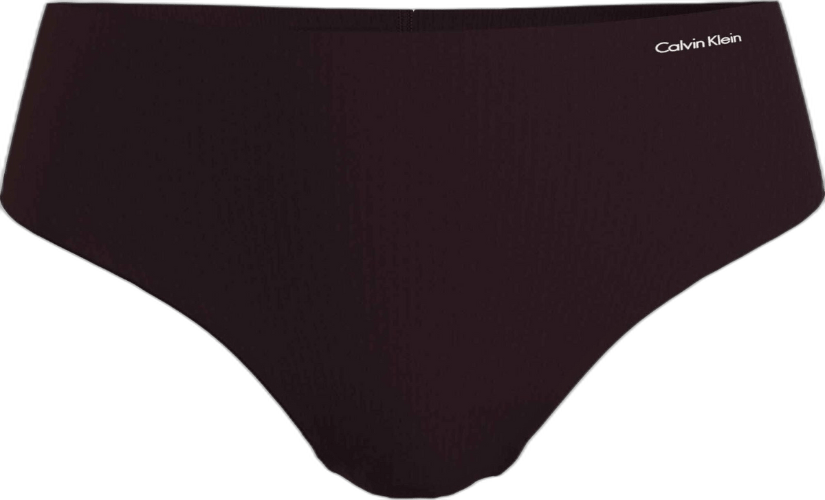 Forfra-billede af mørkebrunt Calvin Klein-undertøj med høj talje, elastisk linning og lille logo.