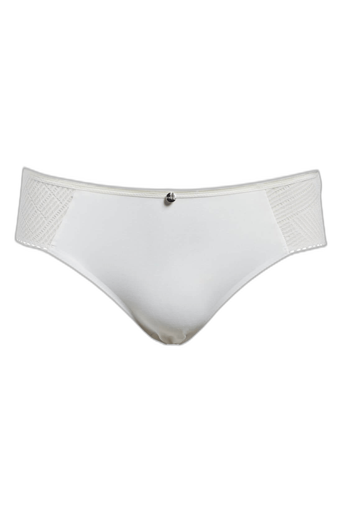 Chantelle EasyFeel Emma Milk bikini-undertøj i off-white med blonder i siderne og et smykke foran.