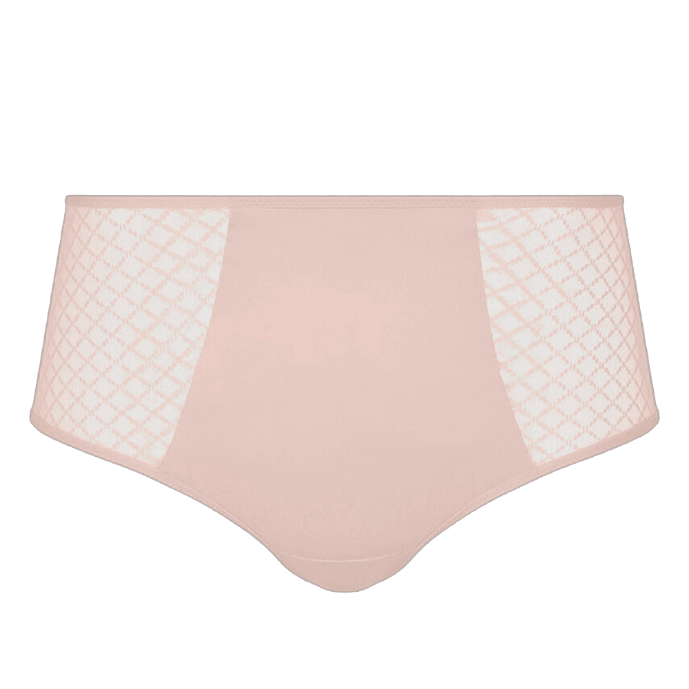 Lyserøde Chantelle EasyFeel Norah Chic maxi-trusser med gennemsigtige mesh-sider, vist på en hvid baggrund.