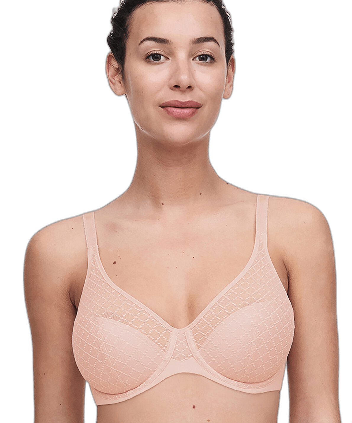 Kvinde iført en Chantelle EasyFeel Norah Chic 0RG Rosa-bh, lyserødt ternet mønster, set forfra på hvid baggrund.