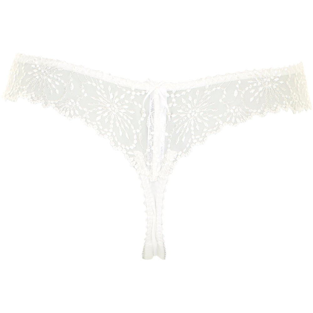 Marie Jo Jane Natural OFF WHITE G-streng med blonder og broderi, vist på hvid baggrund.