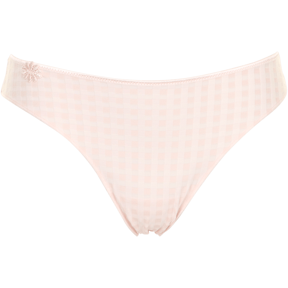 Marie Jo Avero Pearly Pink Rosa trusser med blonder og ternet mønster på hvid baggrund.