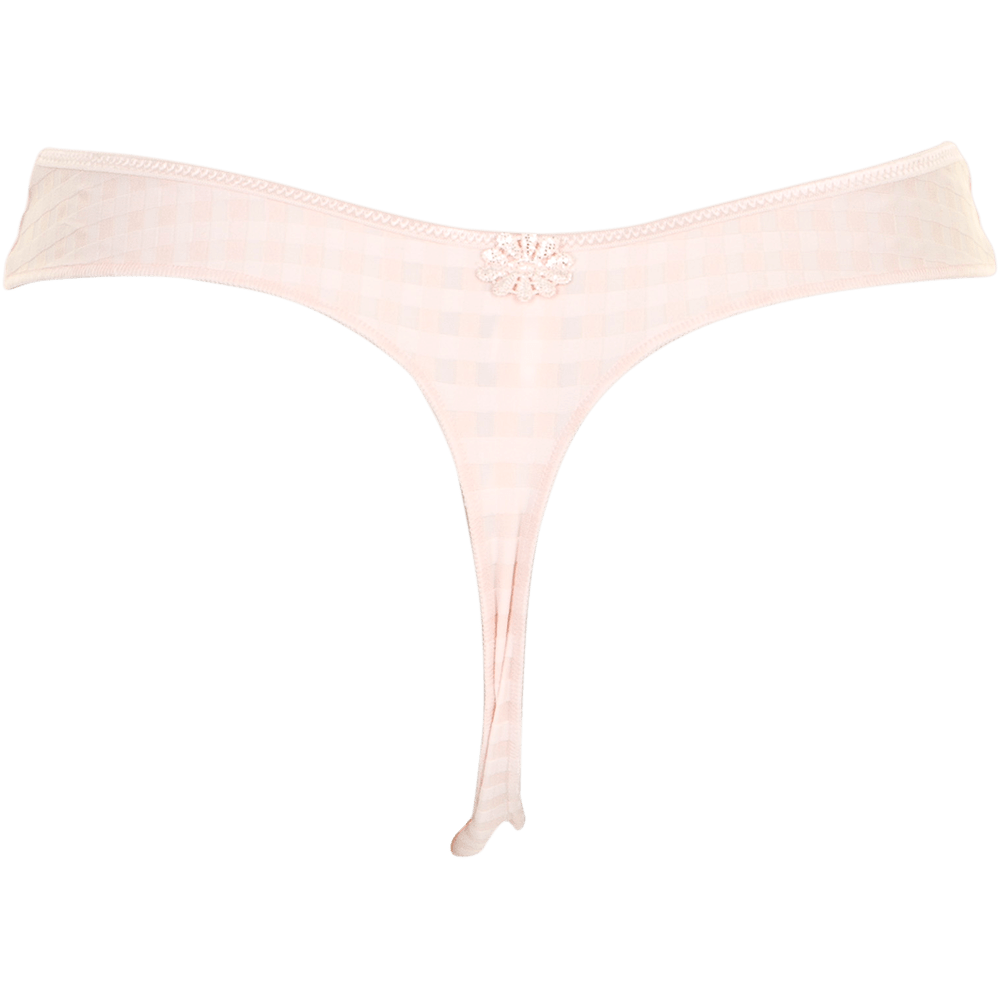 Marie Jo – Avero Pearly Pink G-streng med blonder og ternet mønster, vist på hvid baggrund.