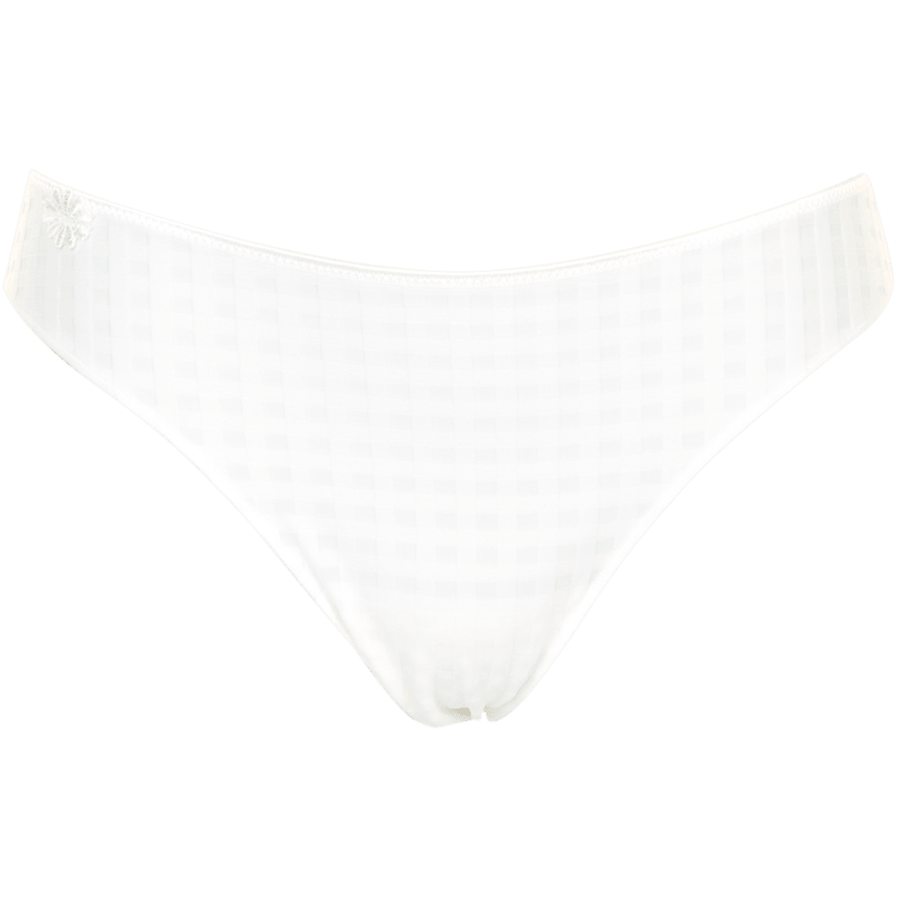 Marie Jo Avero Natural OFF WHITE: halvgennemsigtig bikini med strukturerede detaljer og blomstermønster på venstre linning, fra Marie Jo.